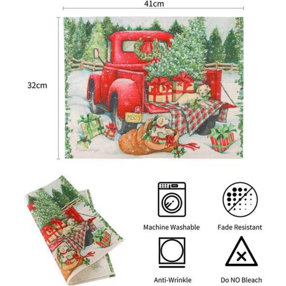 Christmas Placemats Set of 6, Cotton Burlap Red Truck Table Mats, 12x16 inch - Picture 3 of 7